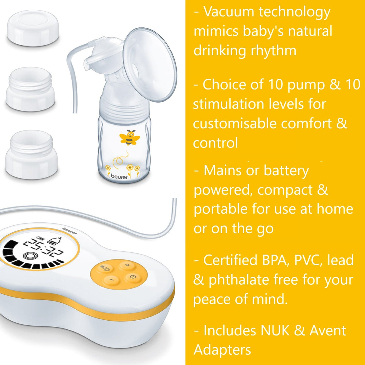 Beurer BY 40 Electric Breast Pump with Vacuum Technology. Mains or Battery Operated & Portable