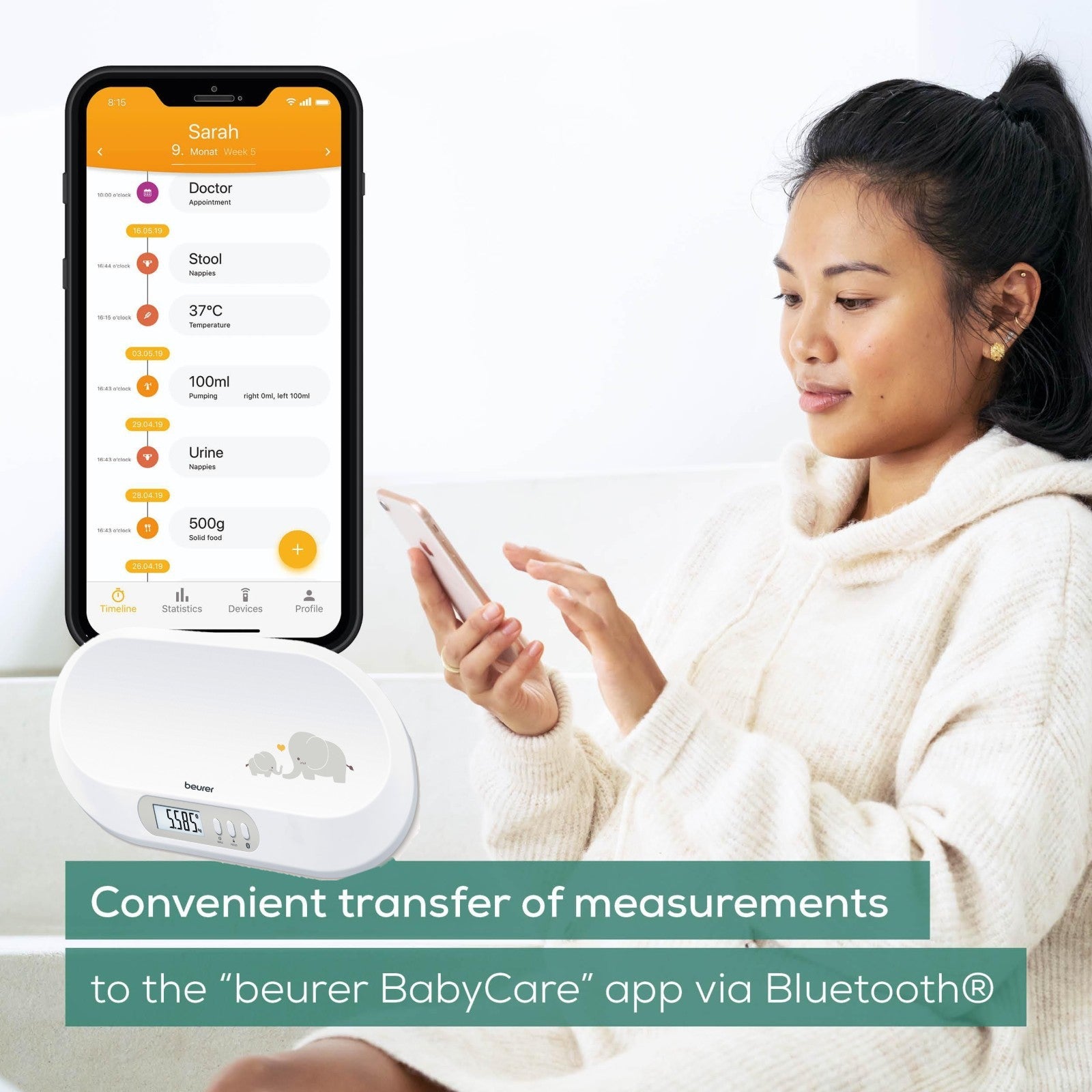 Beurer BY 90 Baby Scale with Bluetooth, App & Integrated Tape Measure | Track & Monitor Babies Weight