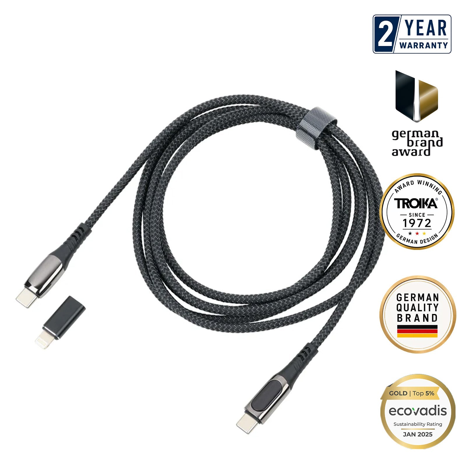 TROIKA Germany USB-C to USB-C Cable | 100W PD | Lightning Adapter | 2m