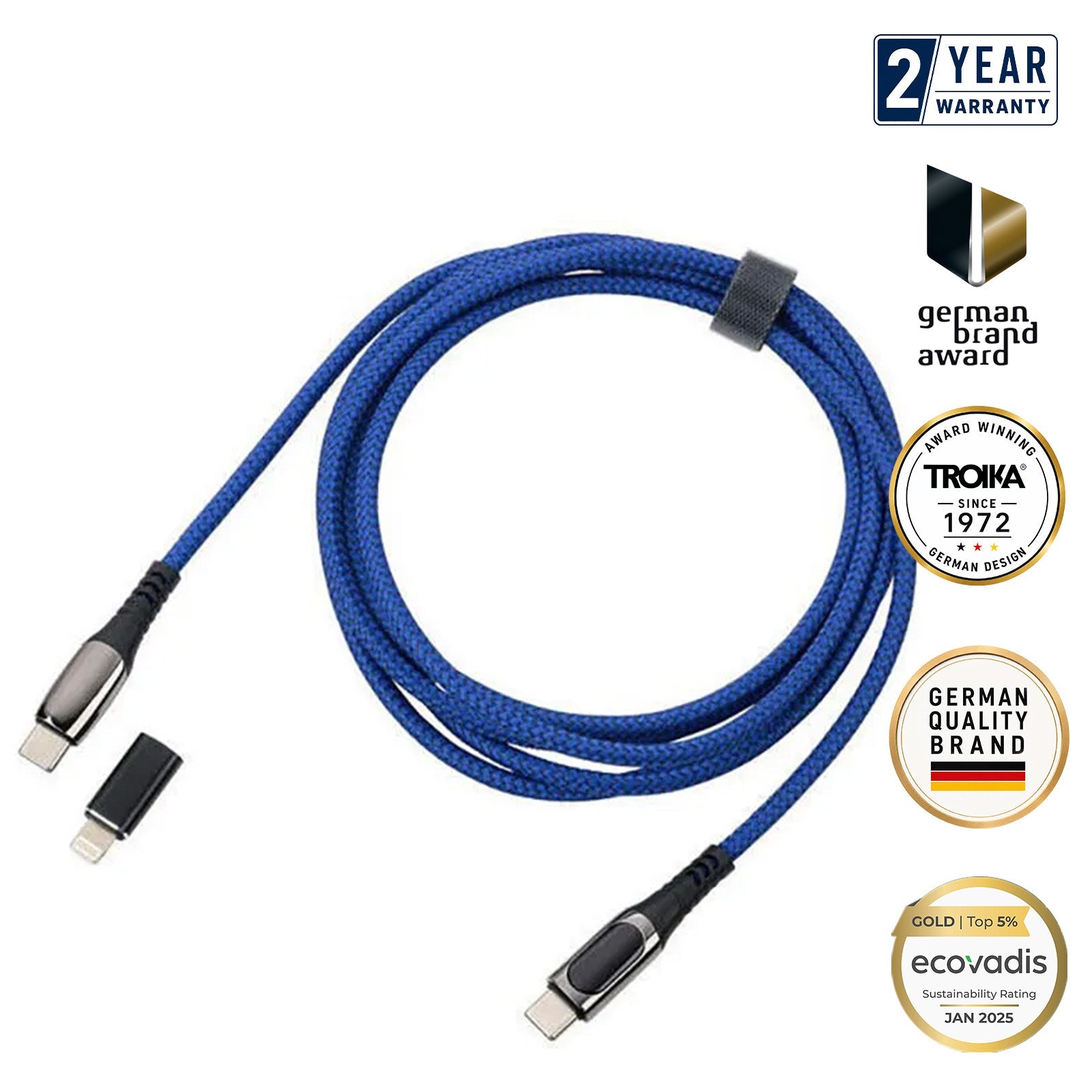 TROIKA Germany USB-C to USB-C Cable | 100W PD | Lightning Adapter | 2m Blue