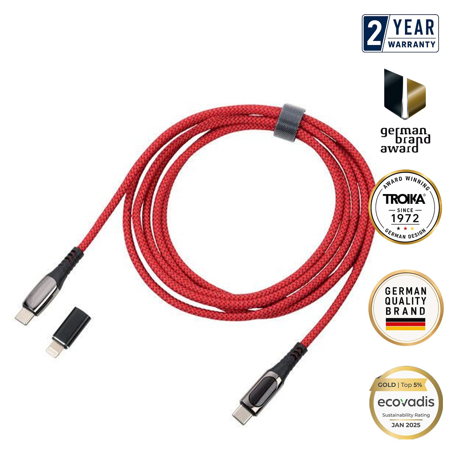 TROIKA Germany USB-C to USB-C Cable | 100W PD | Lightning Adapter | 2m Red