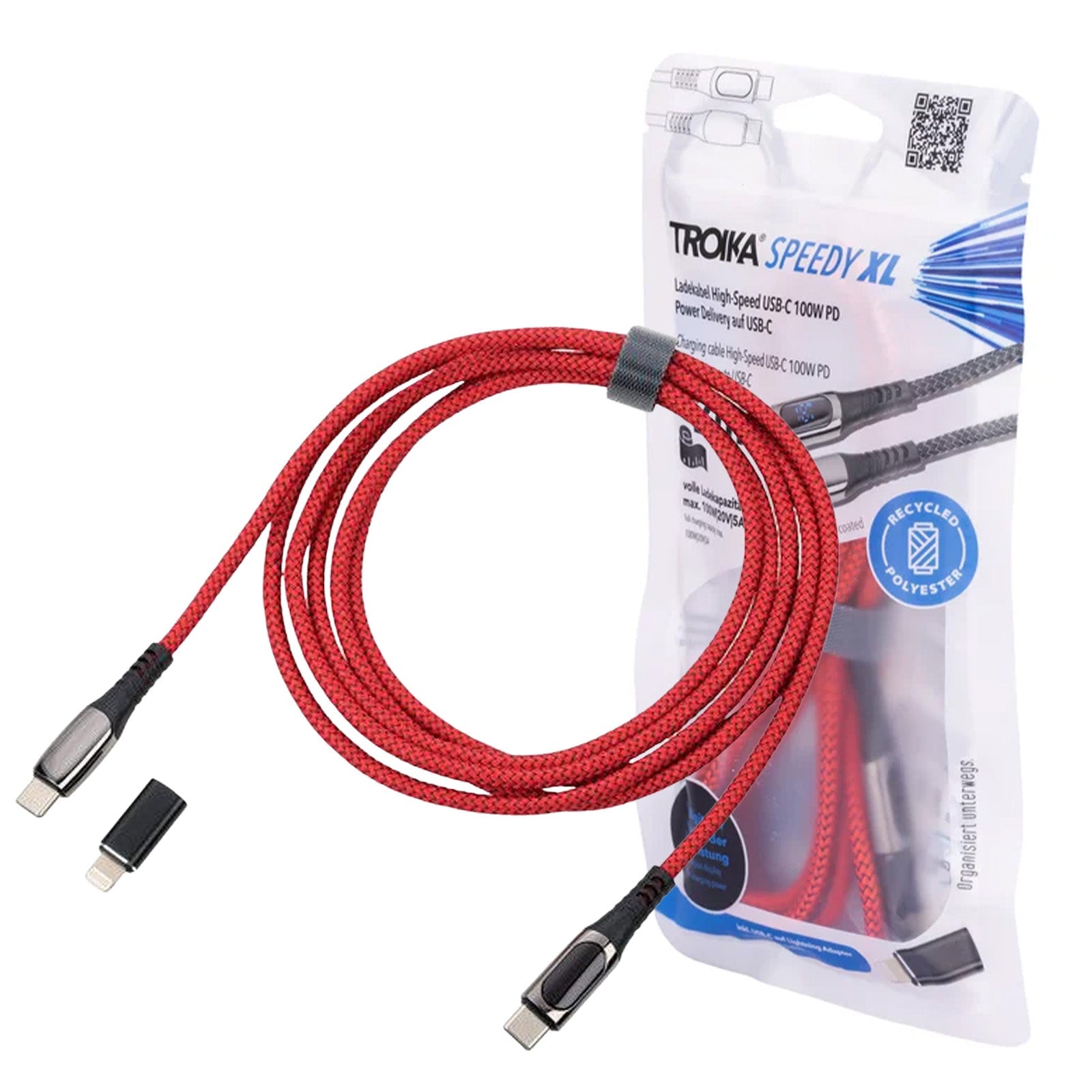 TROIKA Germany USB-C to USB-C Cable | 100W PD | Lightning Adapter | 2m Red