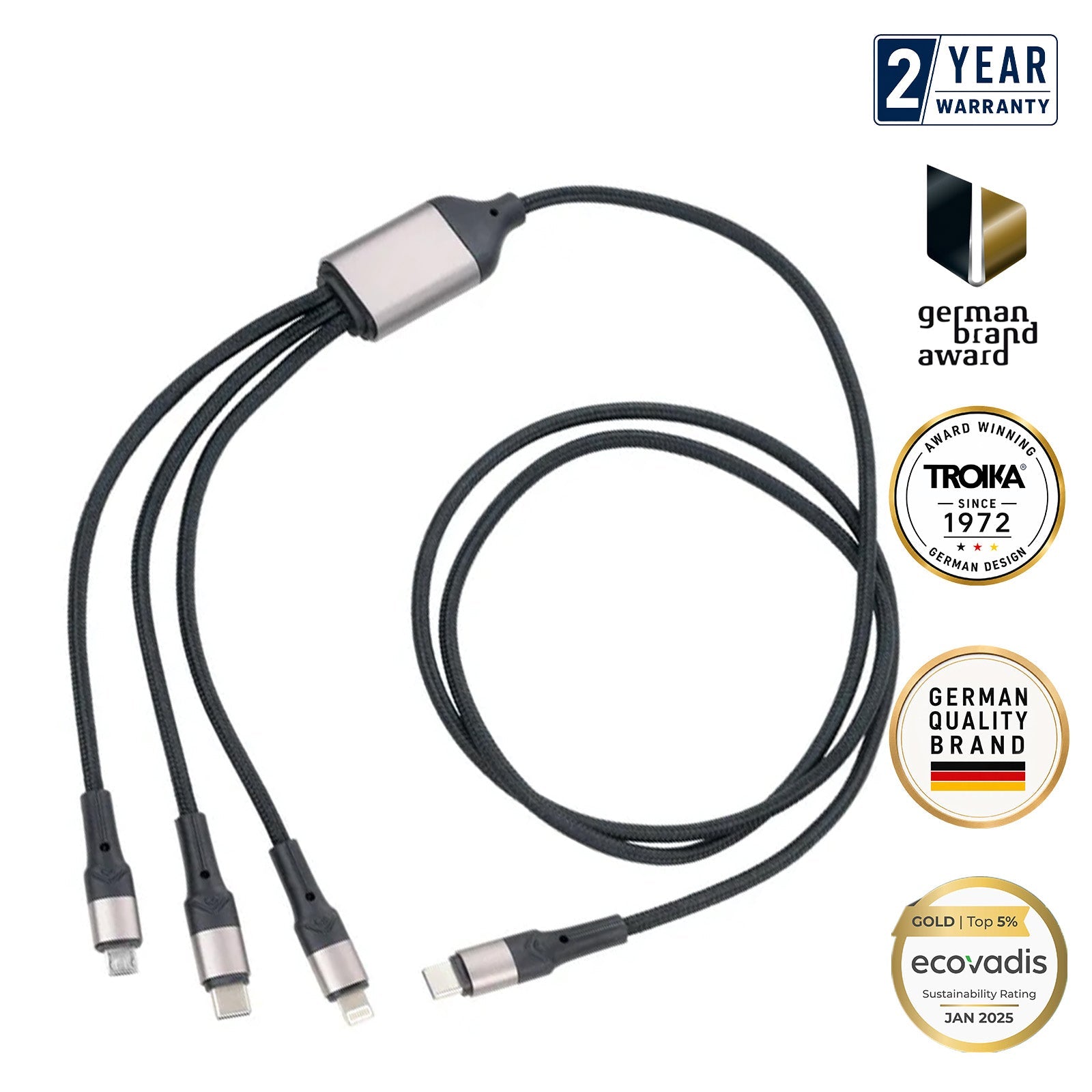 TROIKA Germany 3-in-1 Charging Cable | Micro-USB & Lightning | 1.2m Braided