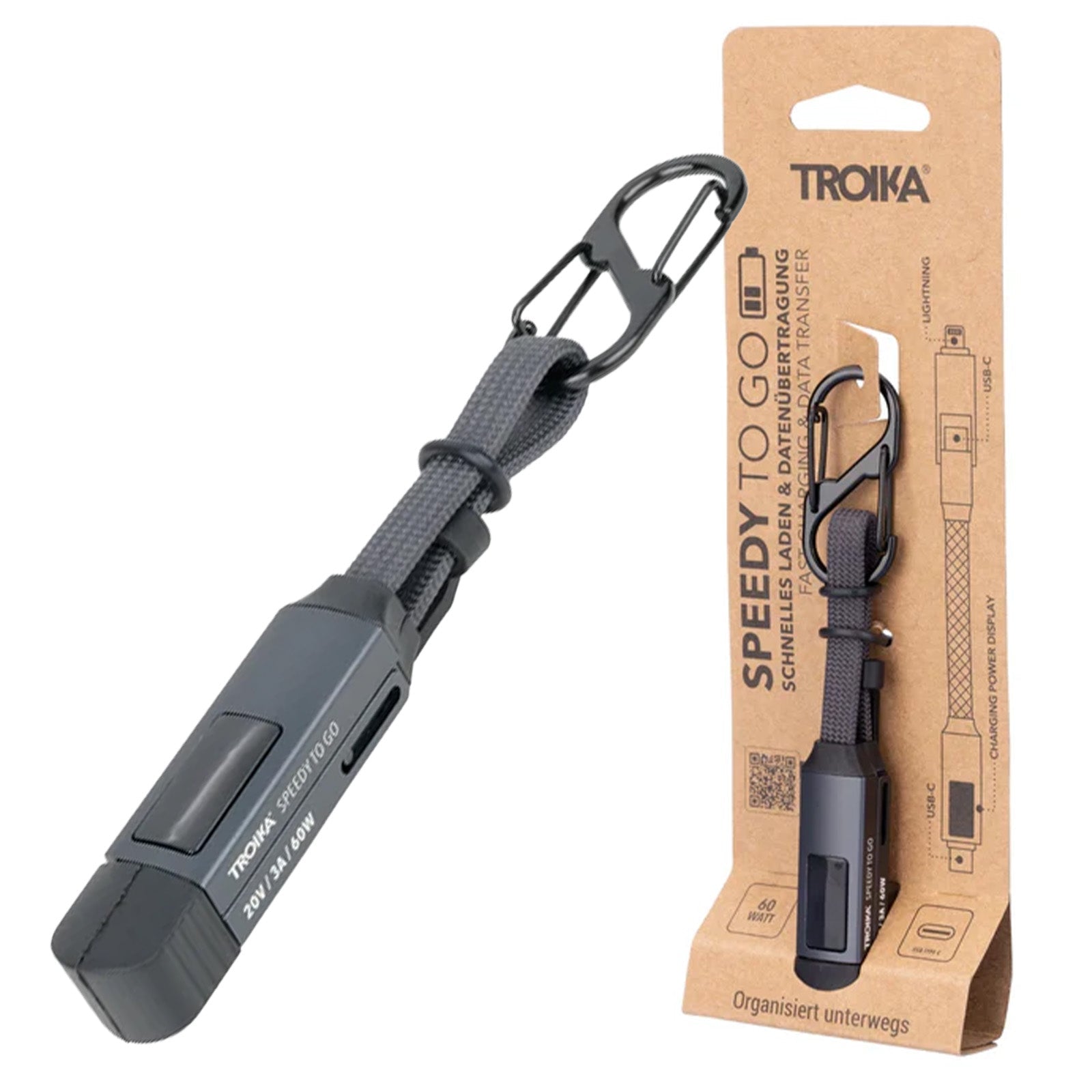 TROIKA Germany USB-C Bag Charm Cable | 60W PD | Carabiner | Keyring Gift