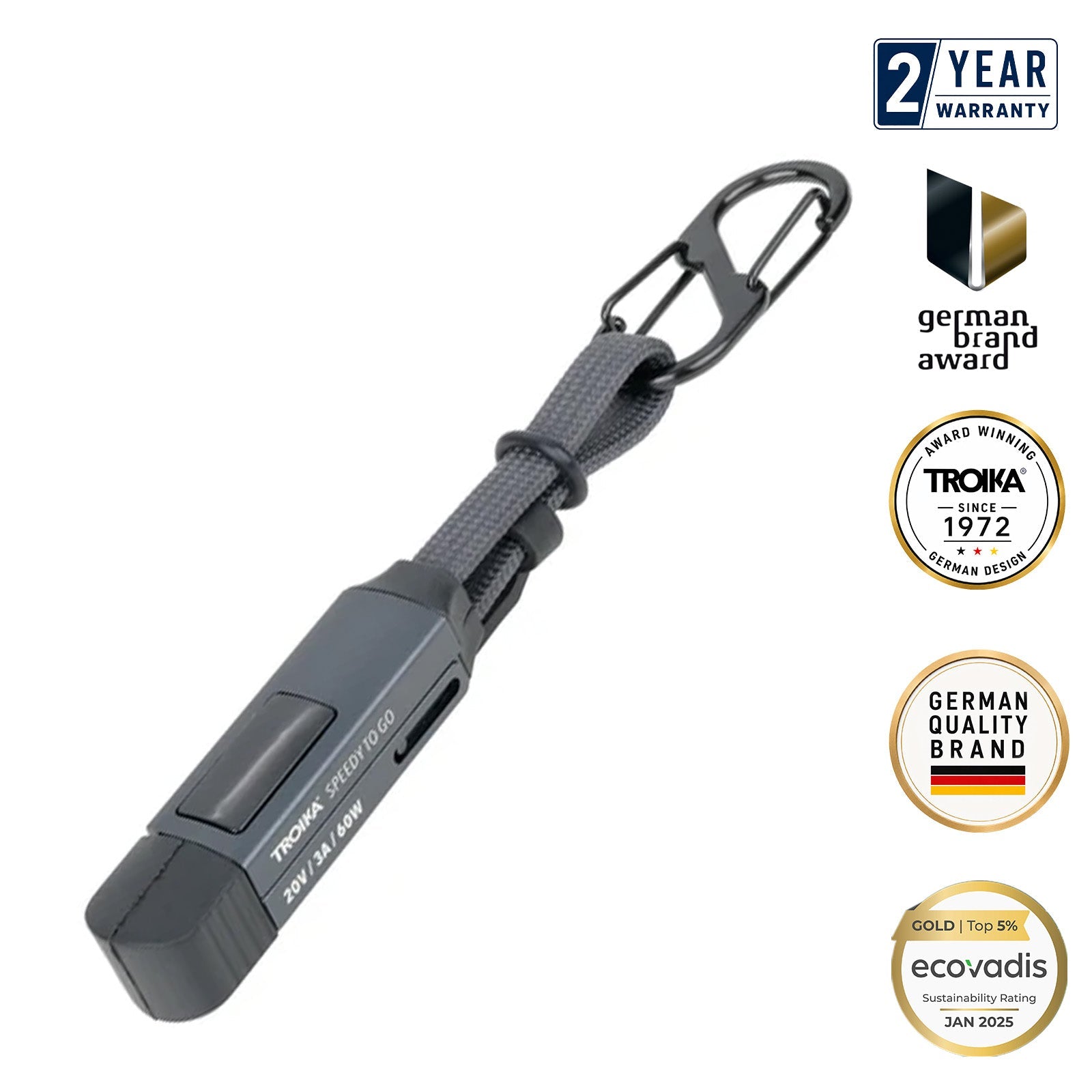TROIKA Germany USB-C Bag Charm Cable | 60W PD | Carabiner | Keyring Gift