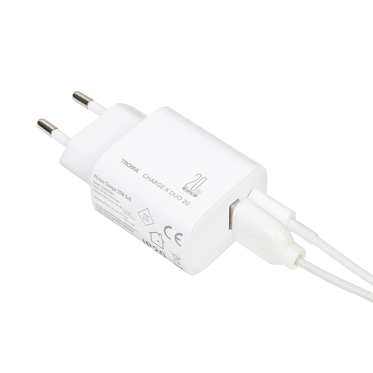 TROIKA Germany GaN Charging Plug 20W | USB-C & USB-A | Dual Device | White