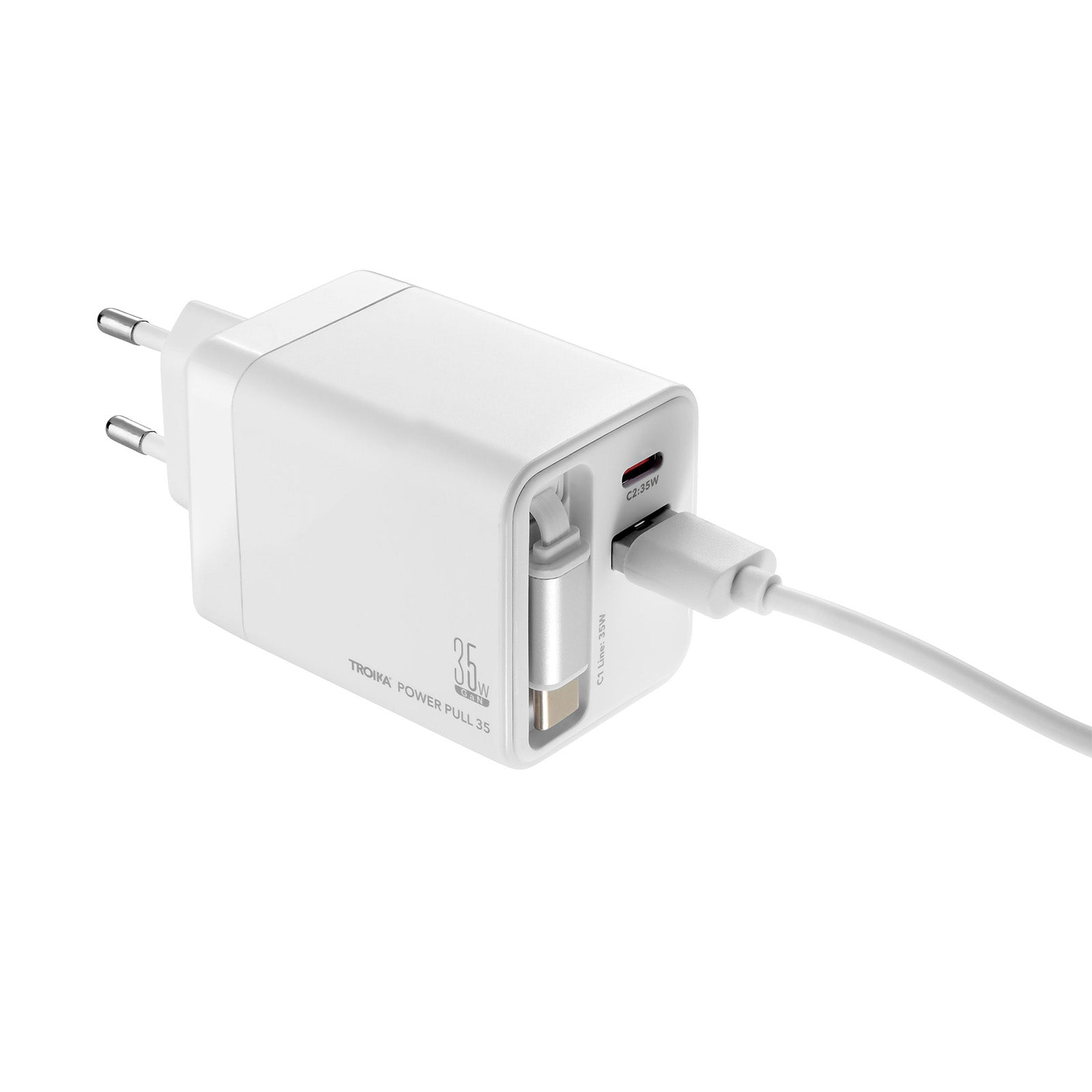 TROIKA Germany GaN Charging Plug 35W | Retractable USB-C Cable | 6 Devices