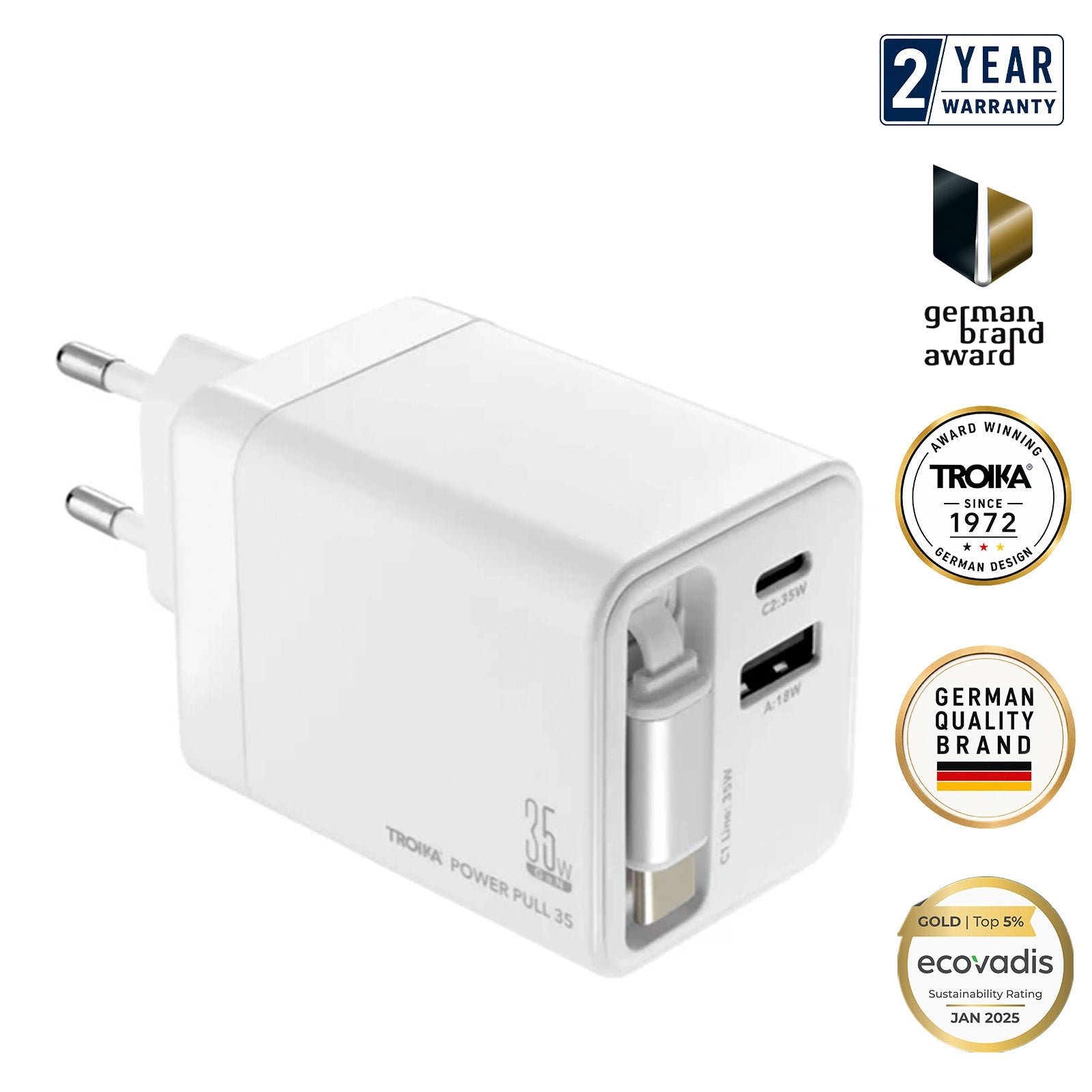 TROIKA Germany GaN Charging Plug 35W | Retractable USB-C Cable | 6 Devices