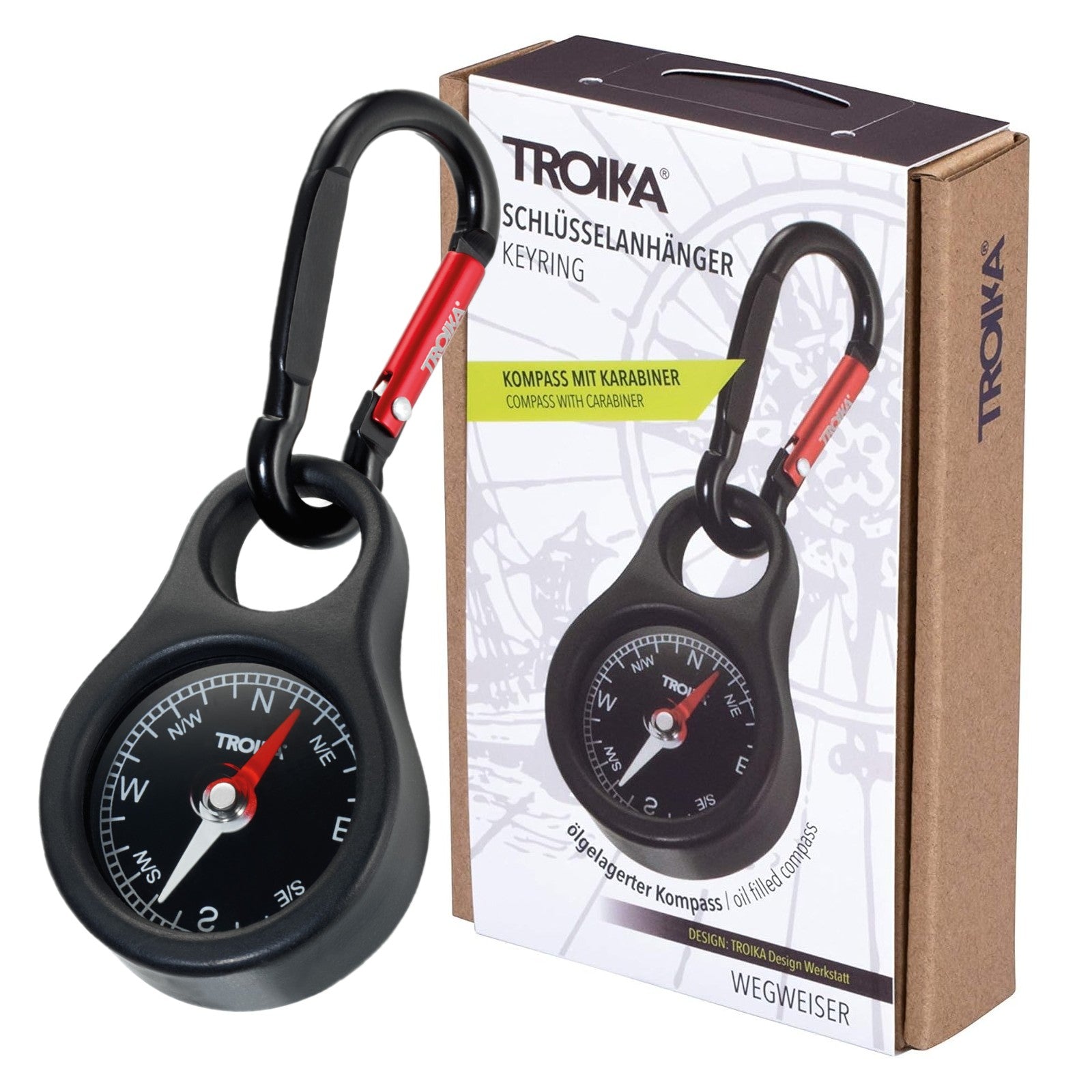 TROIKA Germany Compass Keyring Carabiner for Hiking & Travel - Premium German Quality