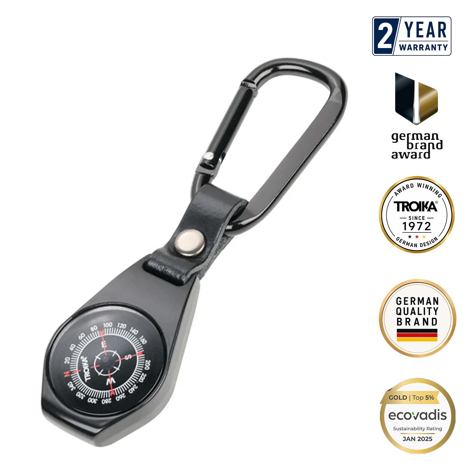 TROIKA Germany Compass Clip Keyring | Leather Loop | Hiking Gift