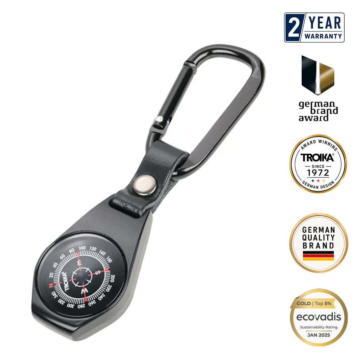 TROIKA Germany Compass Clip Keyring | Leather Loop | Hiking Gift
