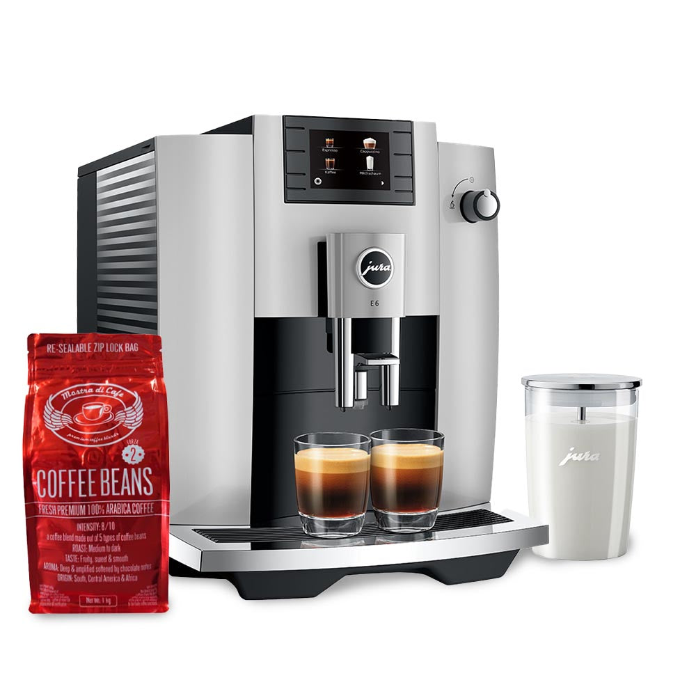 Jura E6 Coffee Machine Incl. Glass Milk Container & Mostra Di Cafe Forza #2 Coffee Beans (1kg)