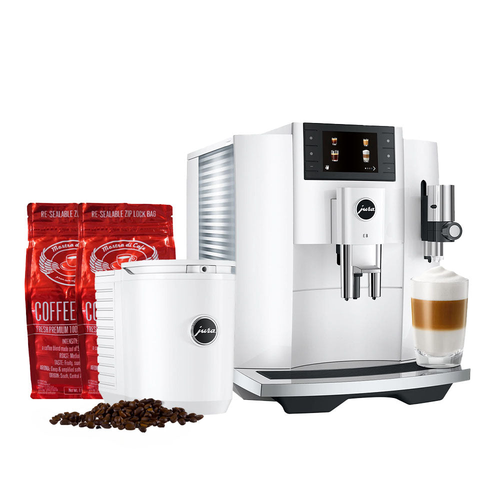 Jura E8 Coffee Machine White (2024) Incl. Coll Control 0.6L & Mostra Di Cafe Forza #2 Coffee Beans (2kg)