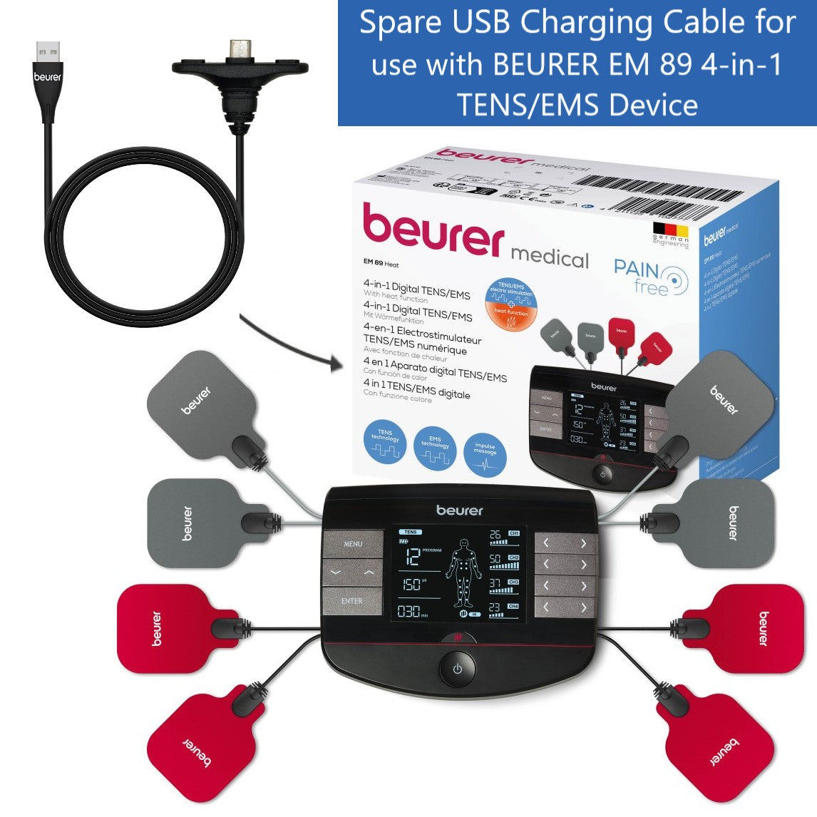 Beurer Spare USB Charging Cable for Beurer EM 89 TENS/ EMS 4-in-1 Massage Device with Heat Option