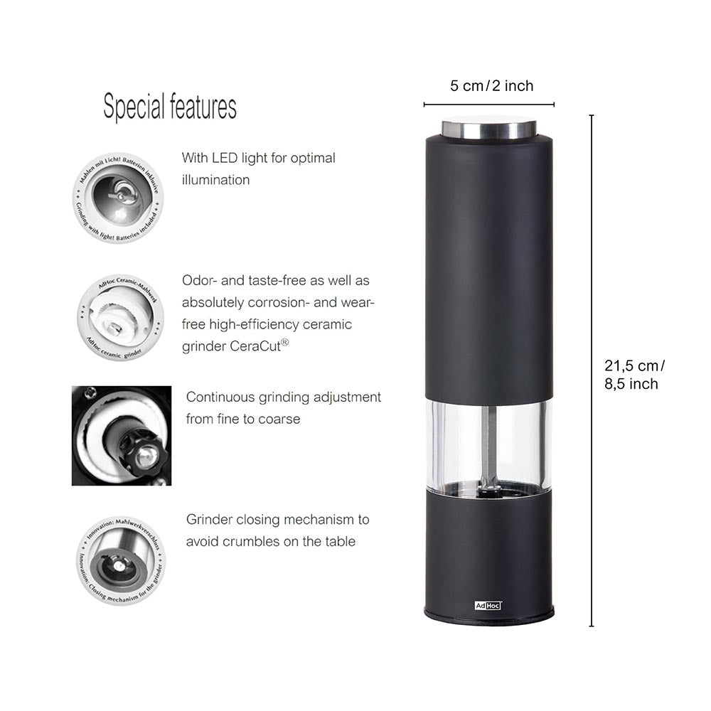 AdHoc Electric Salt or Pepper Grinder German Brand - Tropica Black
