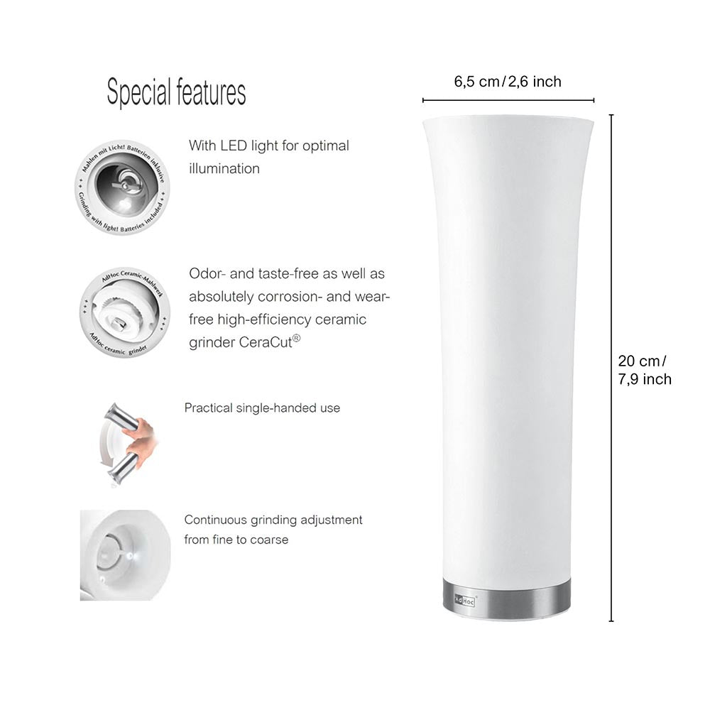 AdHoc Electric Salt or Pepper Tilt Grinder German Brand - Milano White