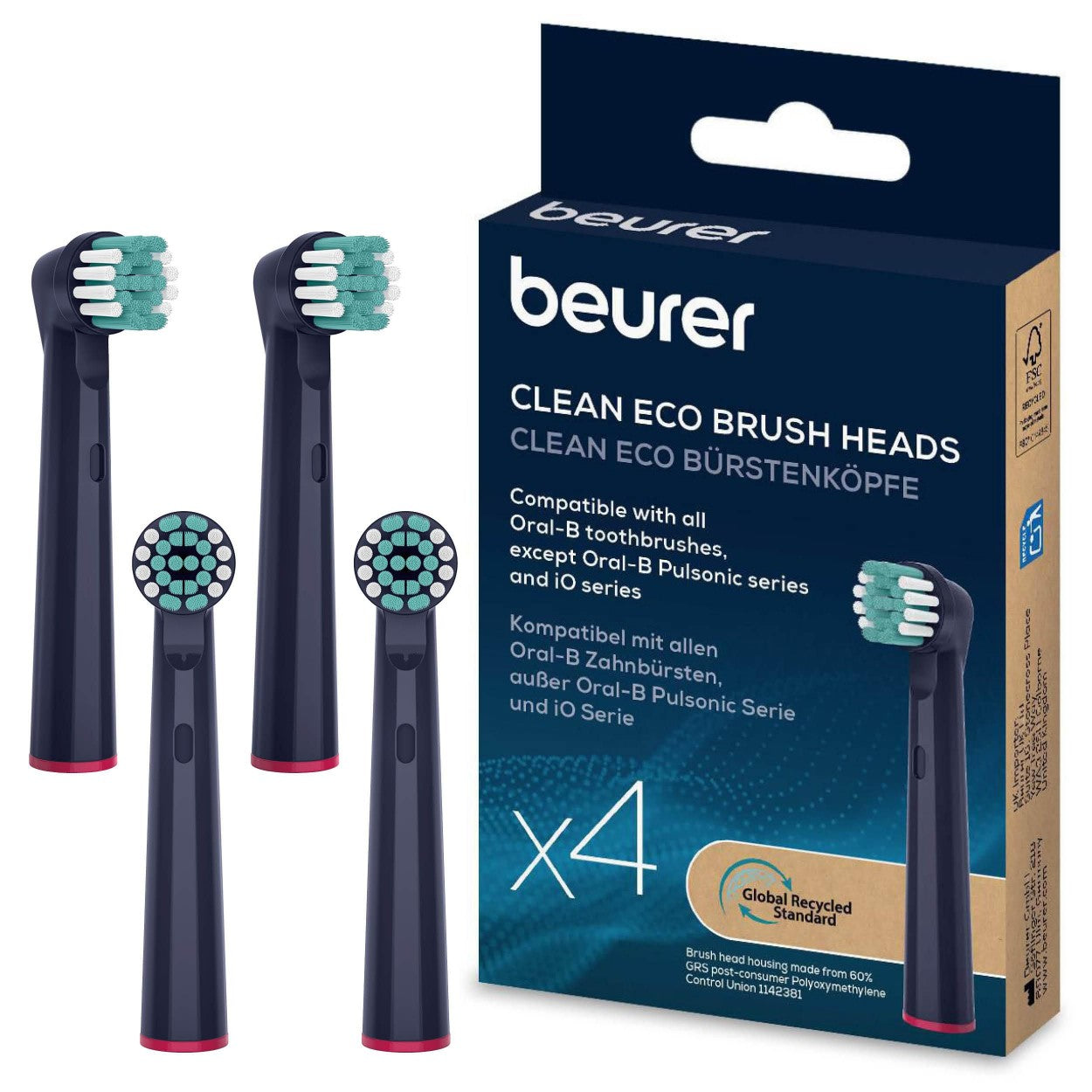 Beurer Spare Toothbrush Heads Compatible with TB, Oral B & Standard Rotating Toothbrushes - Eco Clean x4