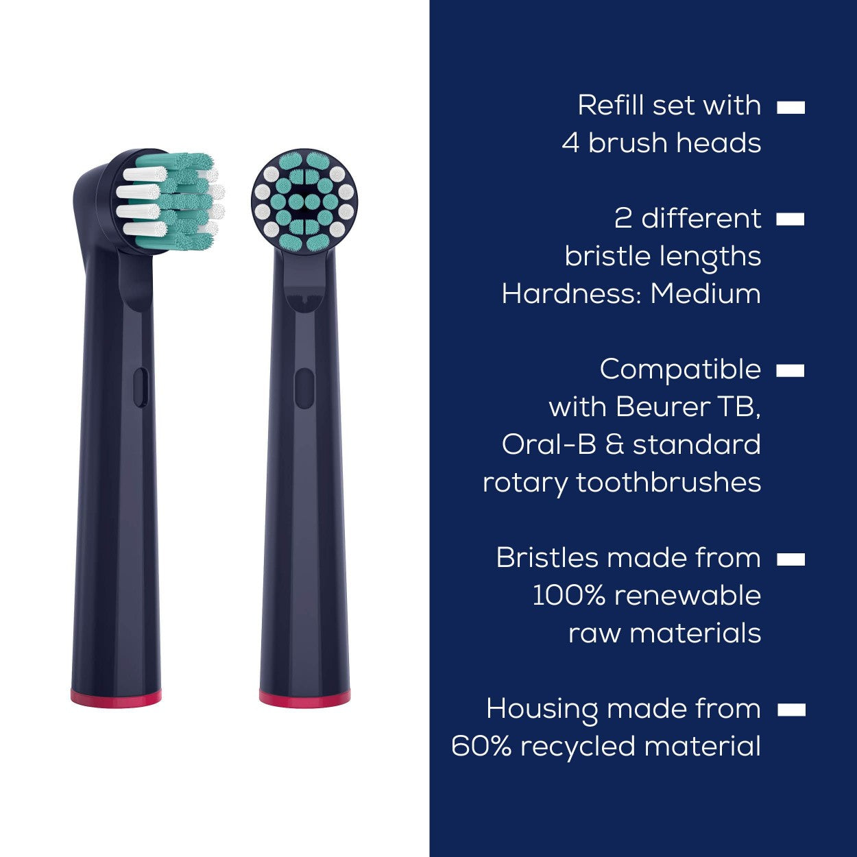 Beurer Spare Toothbrush Heads Compatible with TB, Oral B & Standard Rotating Toothbrushes - Eco Clean x4