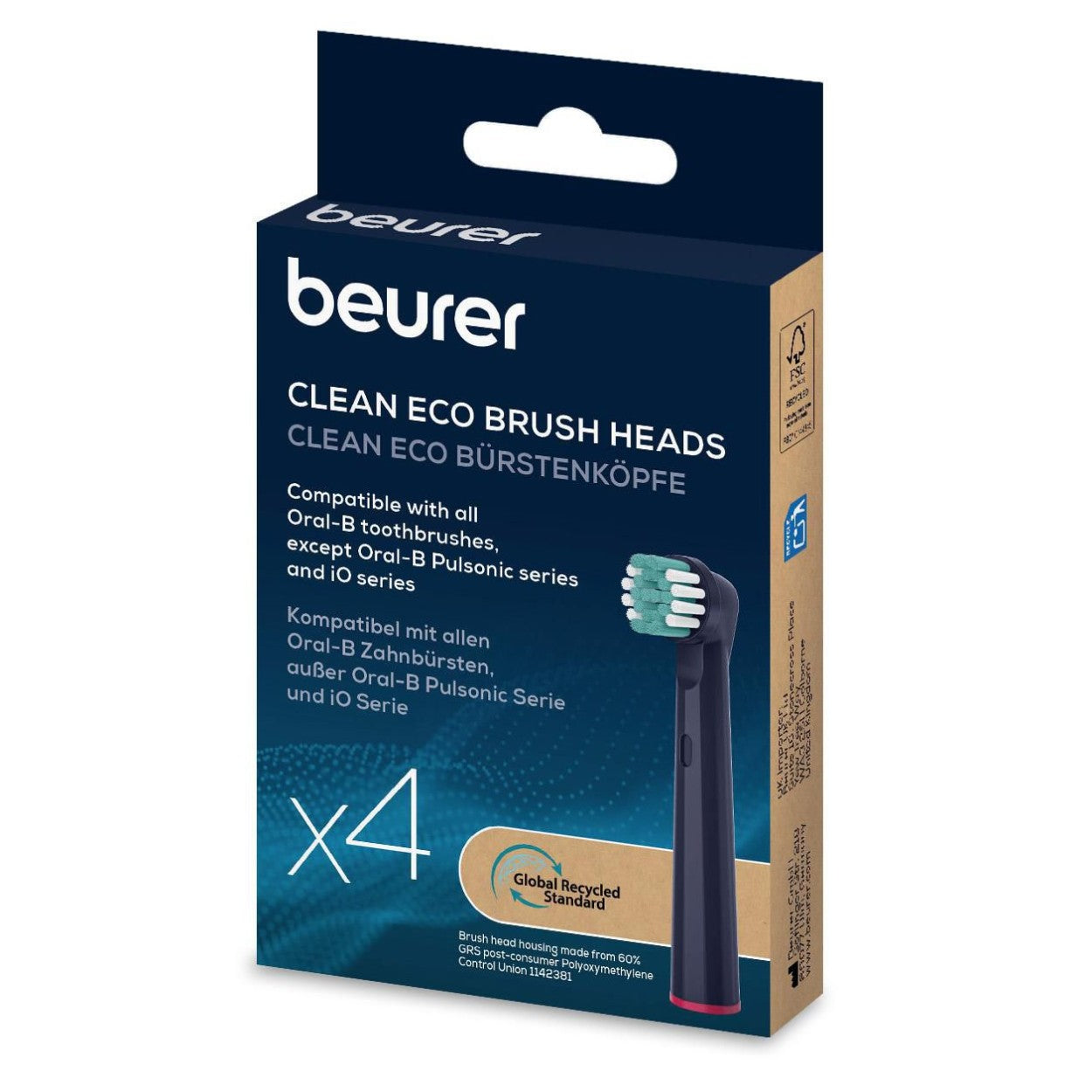 Beurer Spare Toothbrush Heads Compatible with TB, Oral B & Standard Rotating Toothbrushes - Eco Clean x4