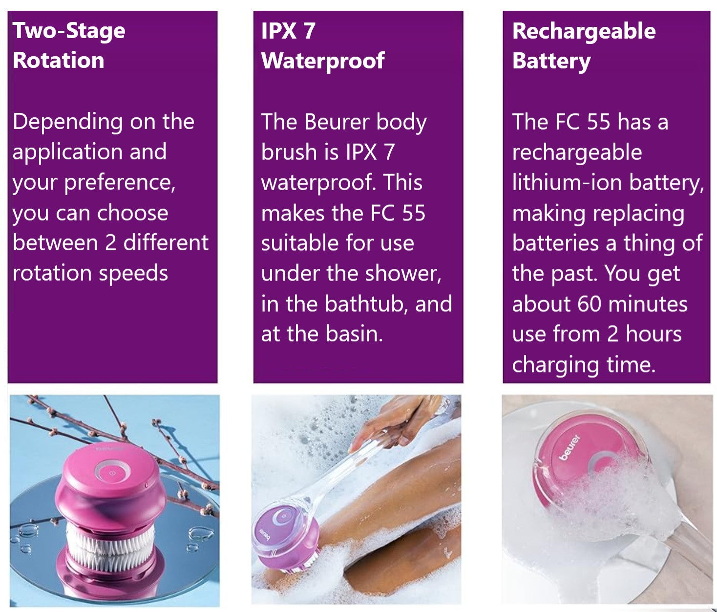 Beurer FC 55 Rechargeable Body Brush: Cleanse & Exfoliate. Removeable Handle. Waterproof