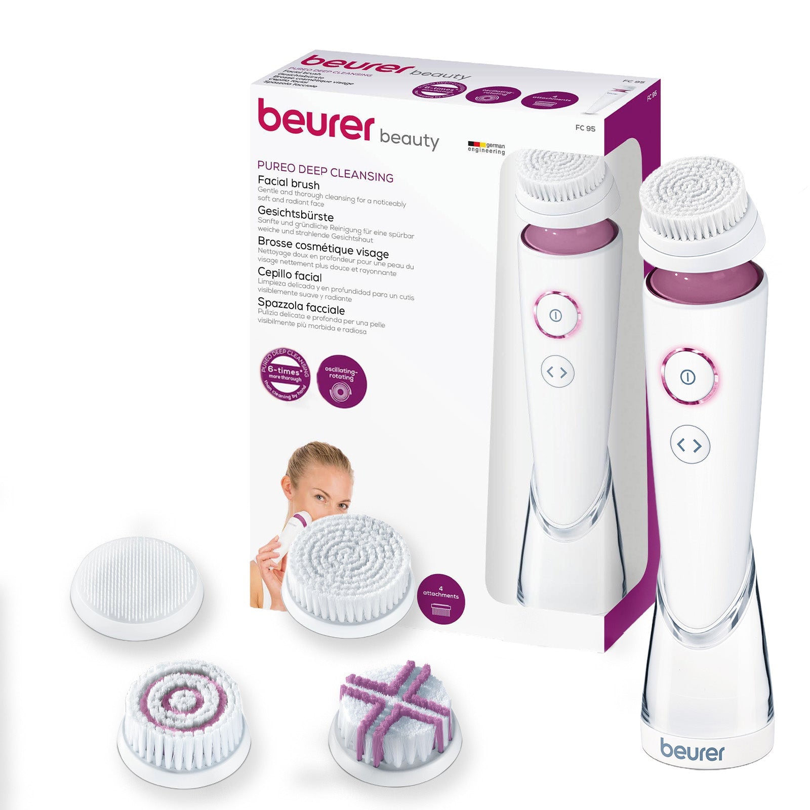 Beurer FC 95 Facial Brush | Deep Cleansing | 4 Attachments | Waterproof IPX7 | Rechargeable