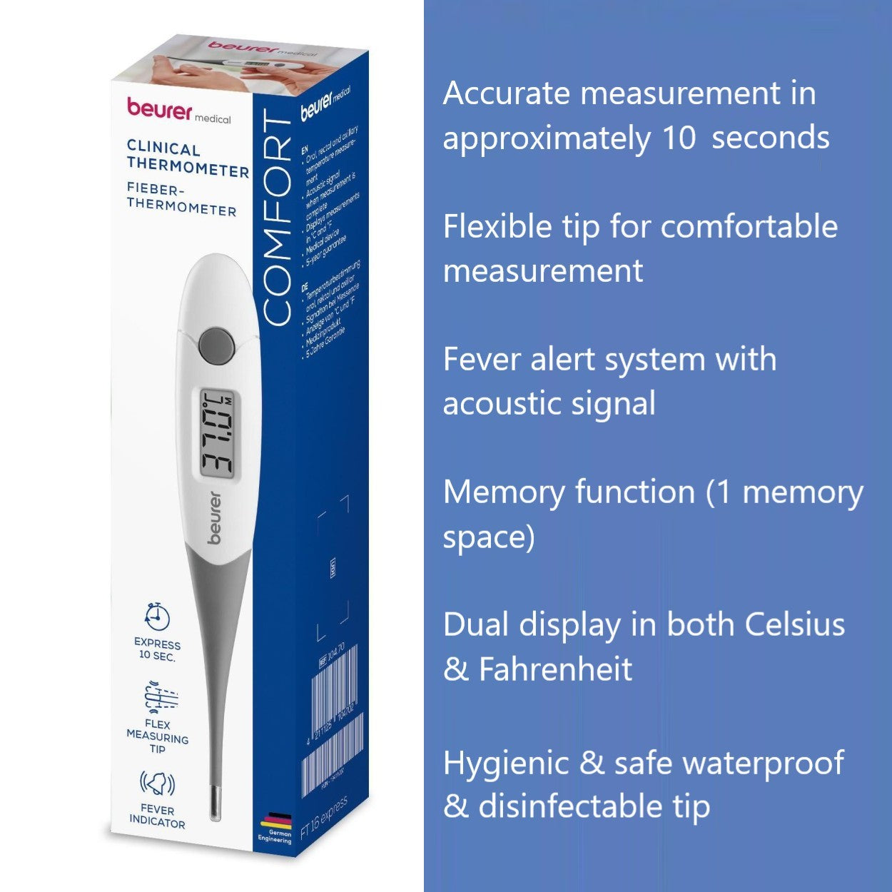 Beurer FT 16 Instant Clinical Thermometer | Oral, Rectal & Armpit Use | Fast & Accurate