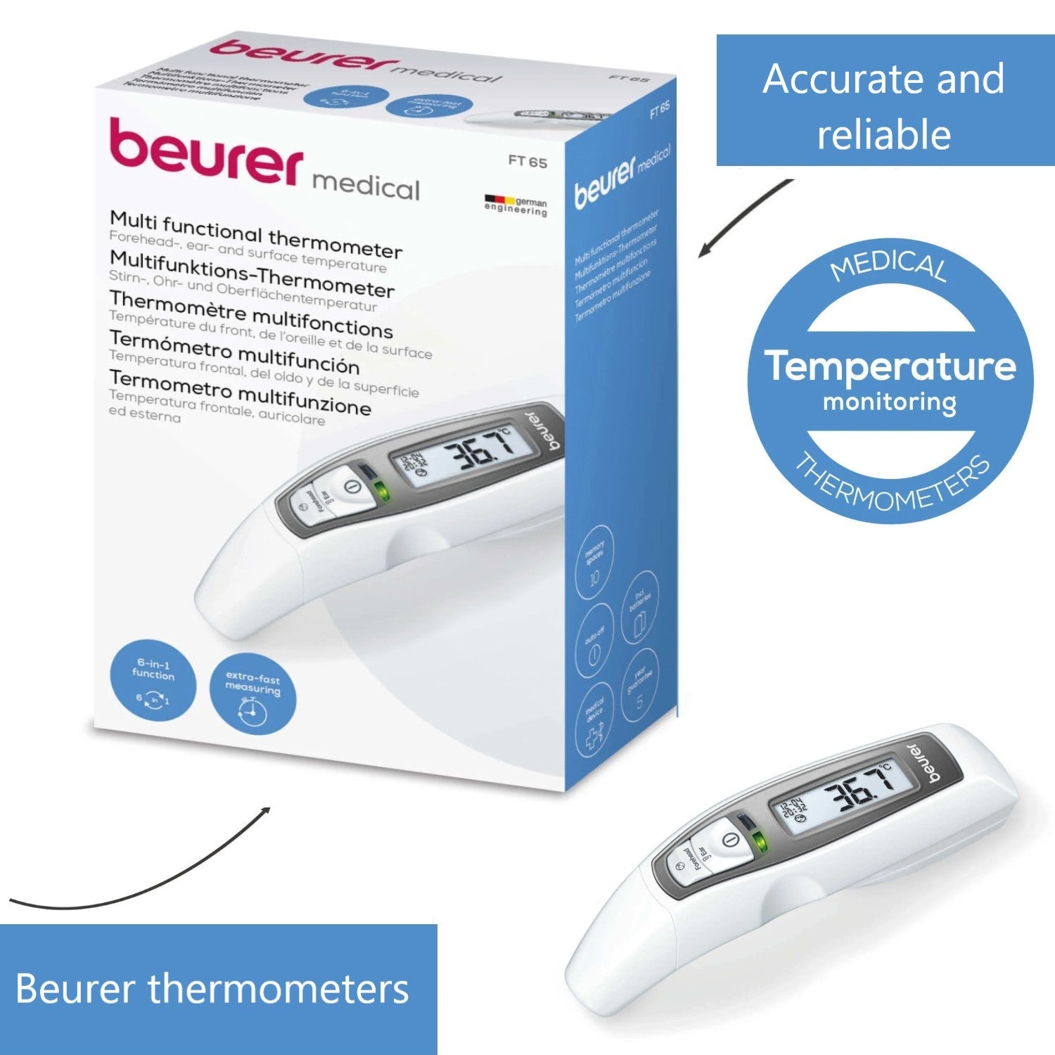 Beurer FT 65 Infrared Thermometer for Measurement of Ear, Forehead or Surface Temperatures