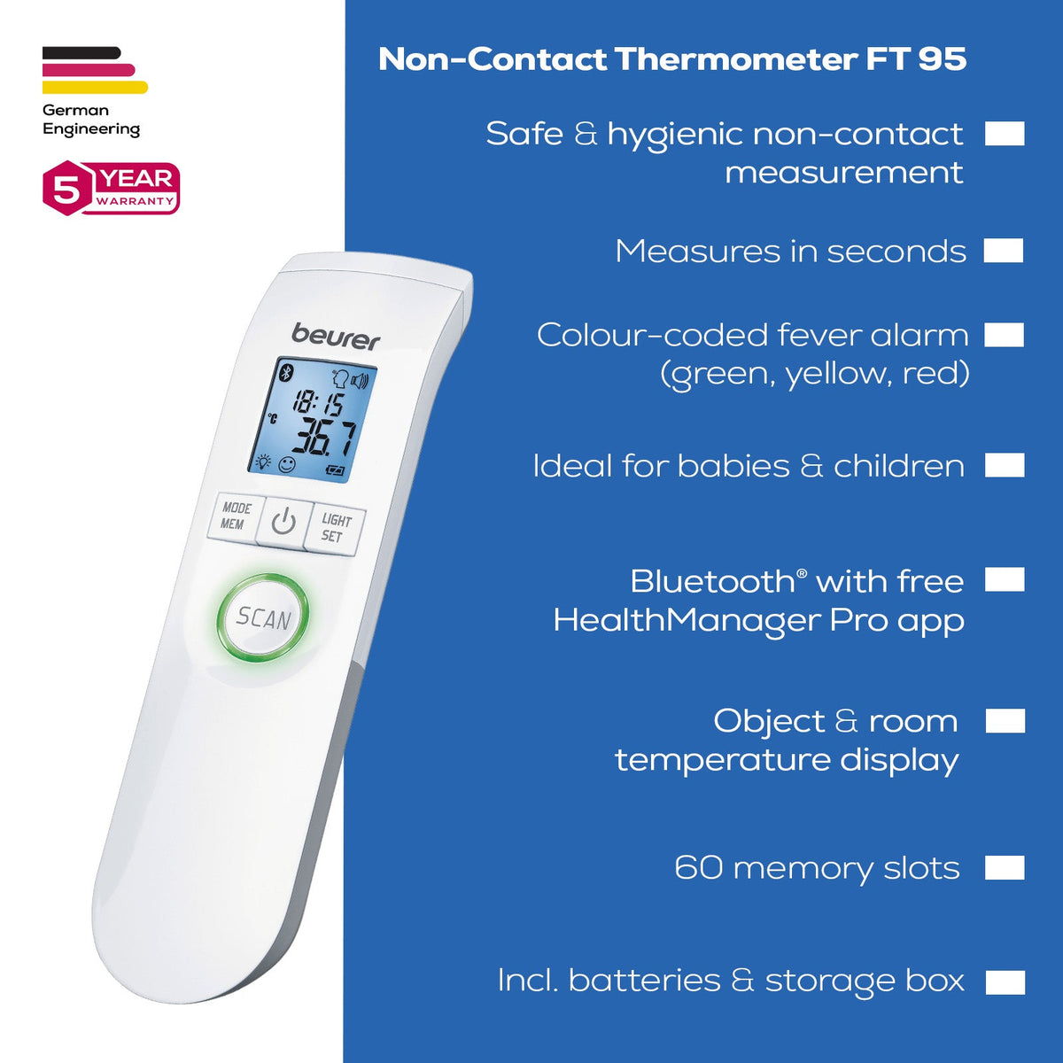 Beurer Germany Non-Contact Thermometer, Instant Body Temperature FT 95+App