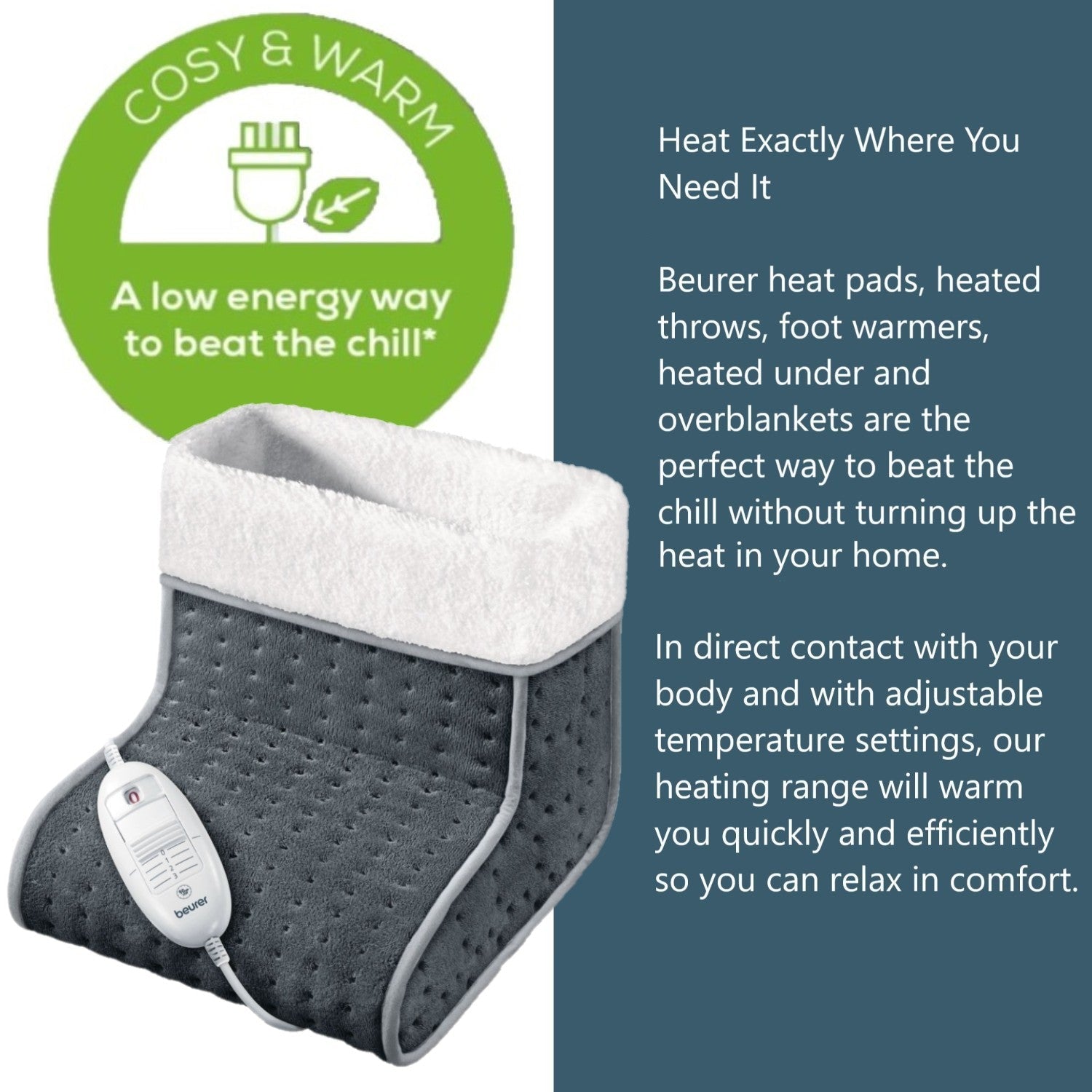 Beurer Germany FW 20 Electric Foot Warmer in Grey: Adjustable Temperature. Cosy Materials. Low Energy Heat.