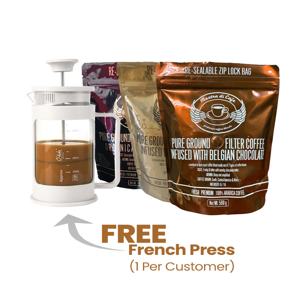 Mostra Di Cafe Ground Coffee 500g - INDULGENCE Mix Pack (Free French Press)