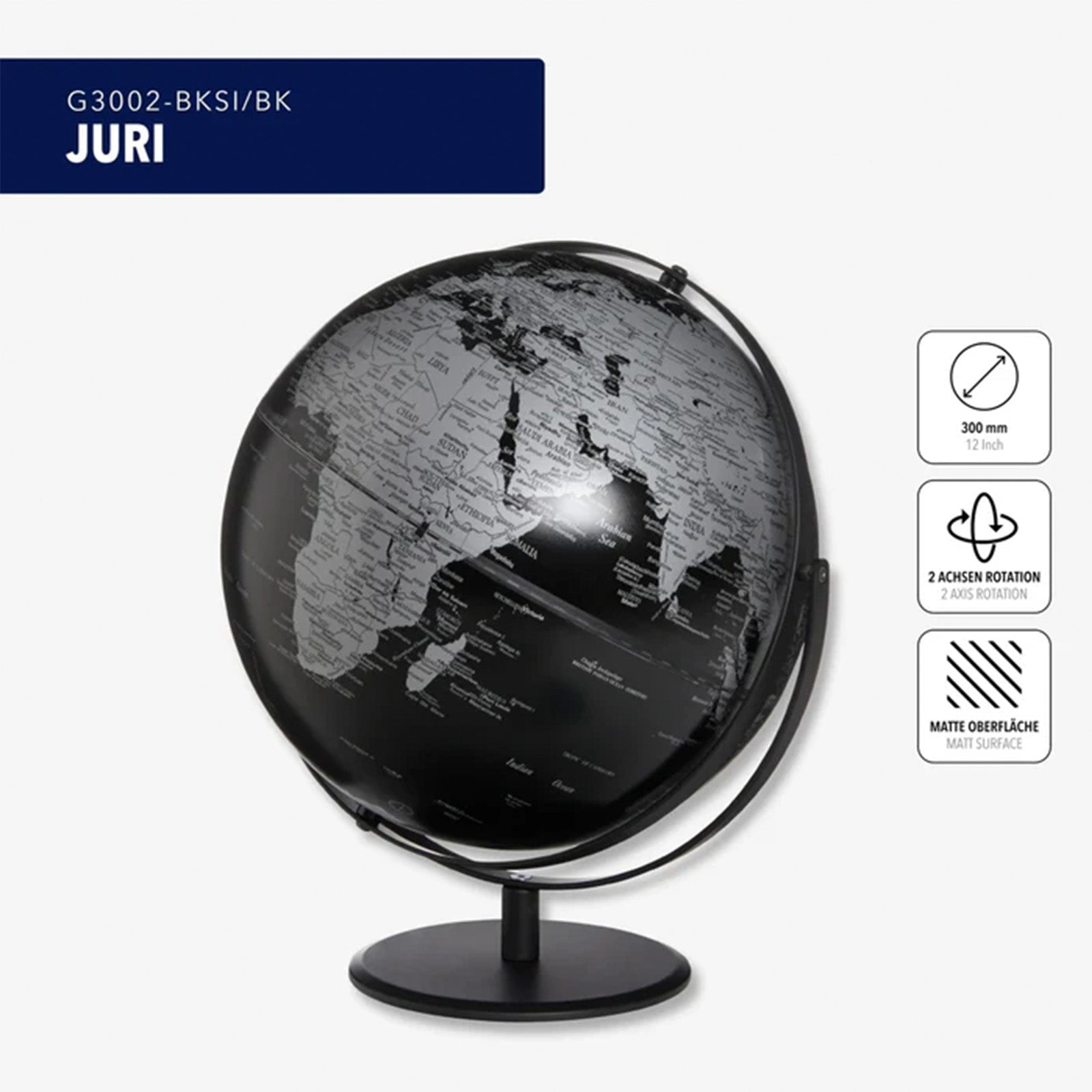 TROIKA Germany Decorative Globe 30cm | Chrome Metal Base | Black Silver