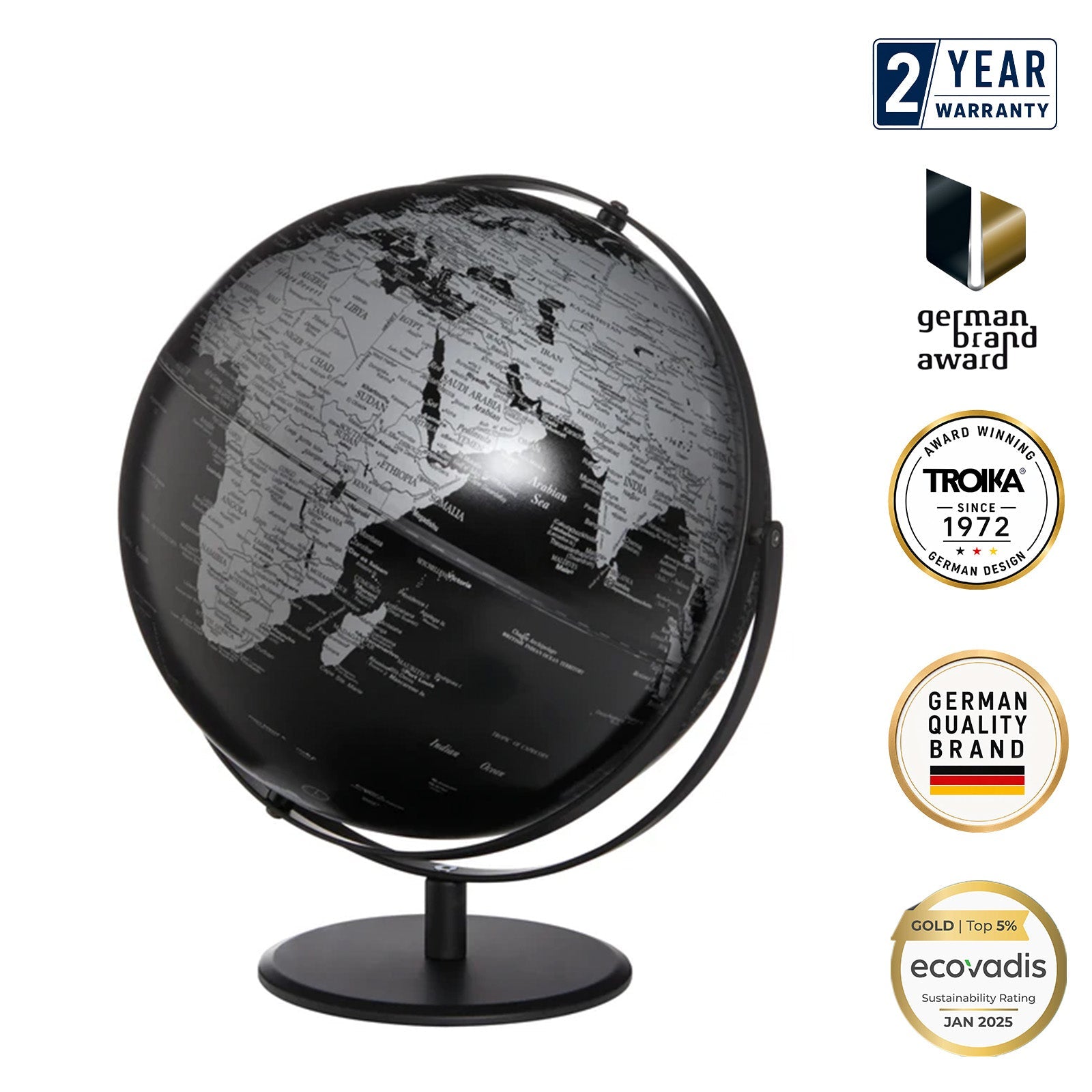 TROIKA Germany Decorative Globe 30cm | Chrome Metal Base | Black Silver