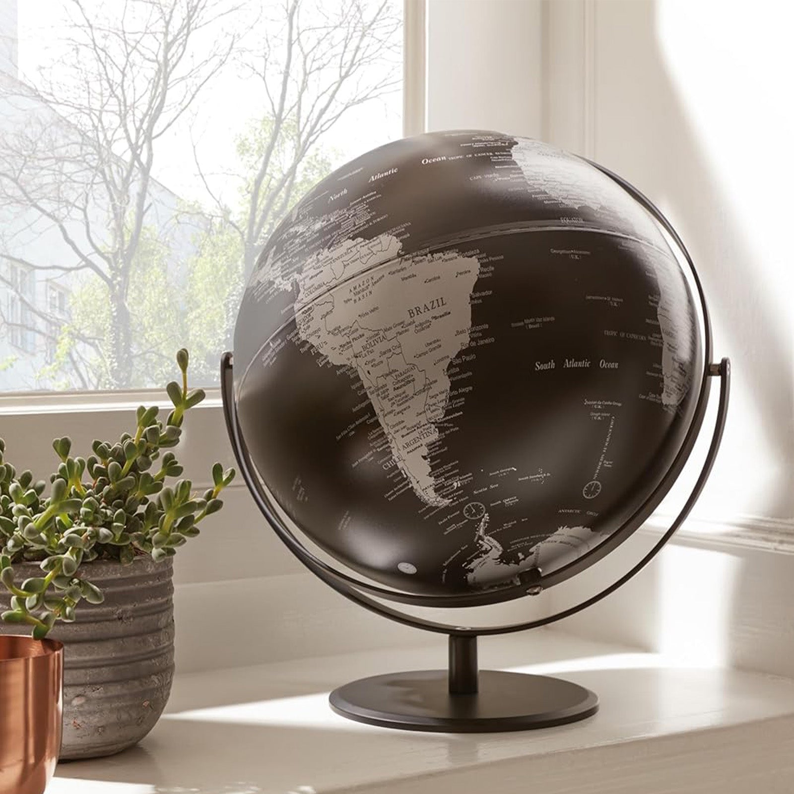 TROIKA Germany Decorative Globe 30cm | Chrome Metal Base | Black Silver