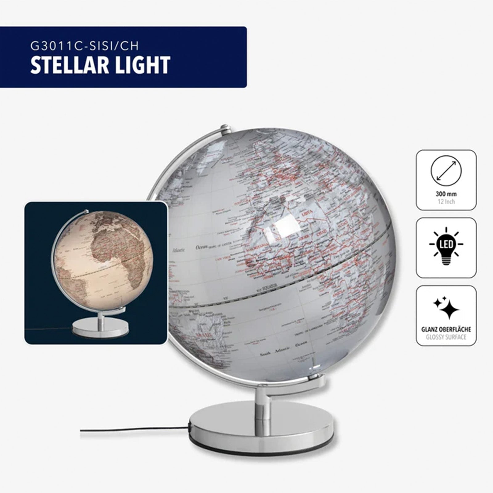TROIKA Germany Illuminated Globe 30cm | Chrome Base | Silver | Desk Gift