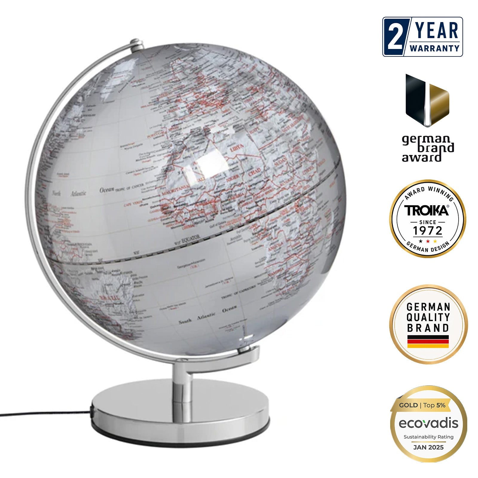 TROIKA Germany Illuminated Globe 30cm | Chrome Base | Silver | Desk Gift