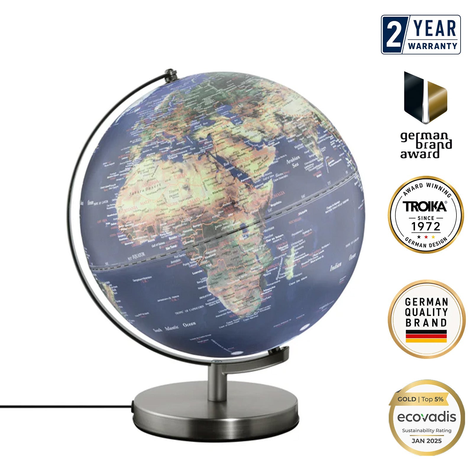 TROIKA Germany Illuminated Globe 30cm | Touch Dimmer | 3 Brightness Levels