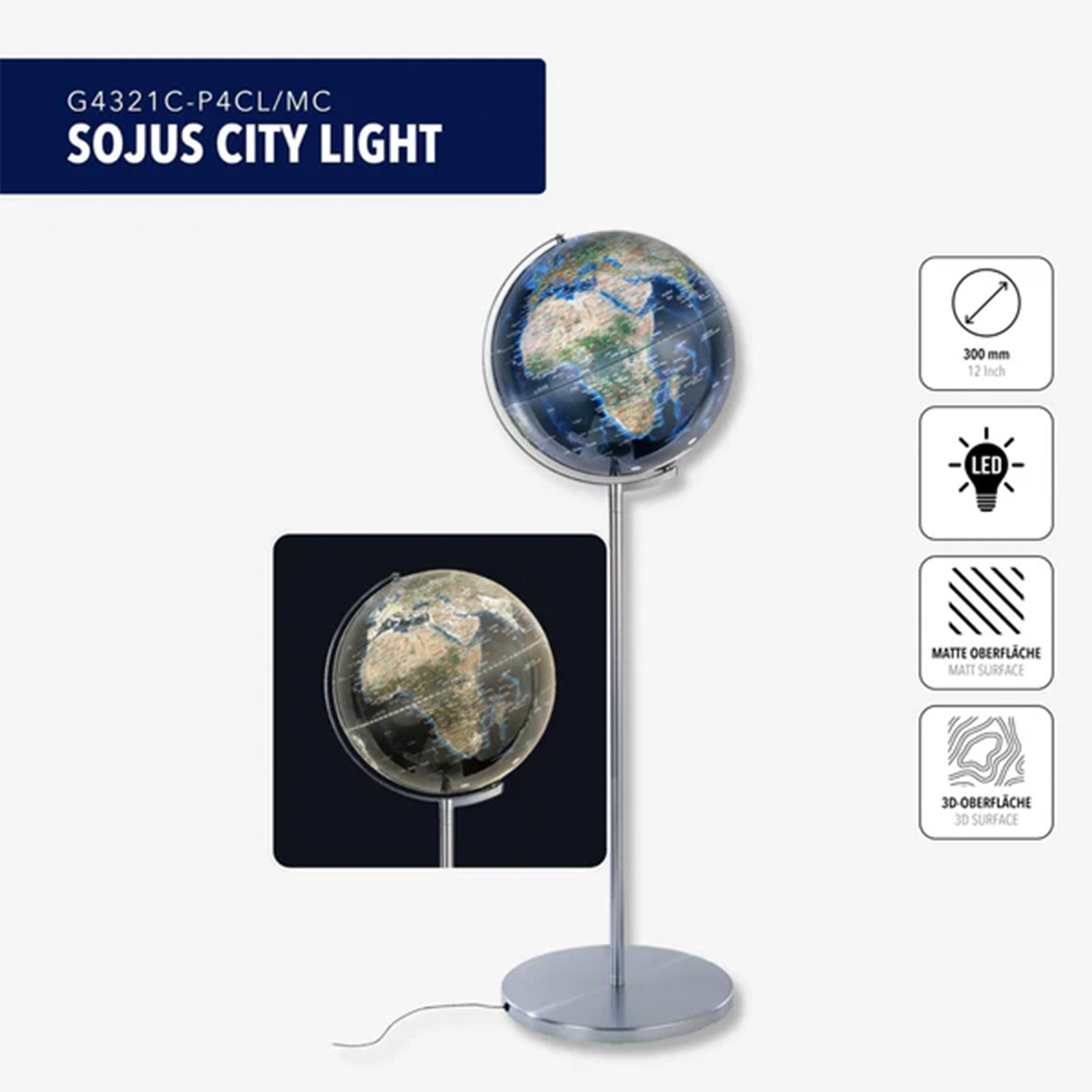 TROIKA Germany LED Floor Globe 43cm | Illuminated Cities | 1.32m Stand