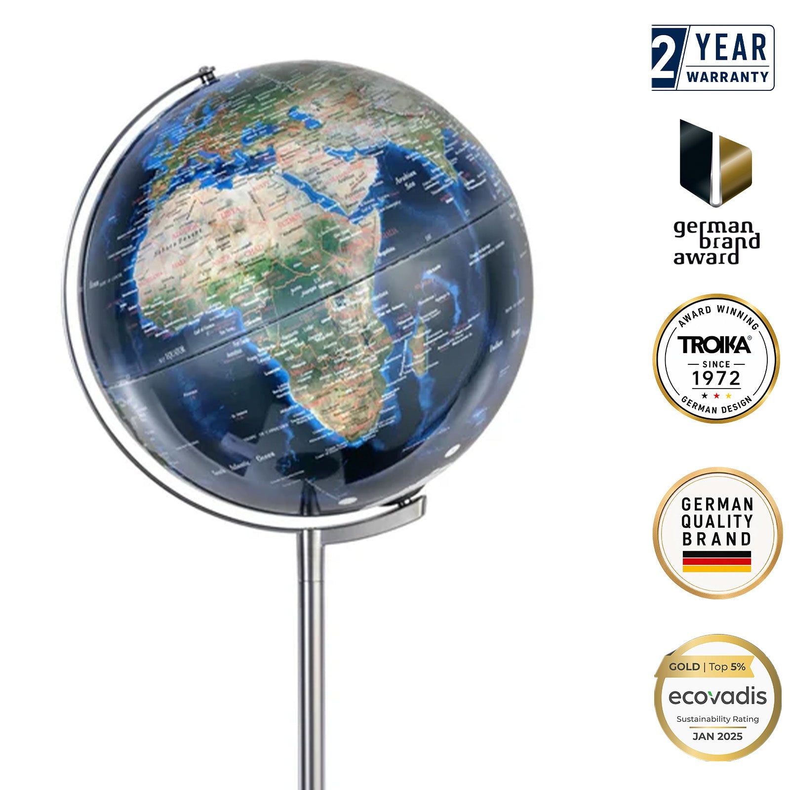 TROIKA Germany LED Floor Globe 43cm | Illuminated Cities | 1.32m Stand