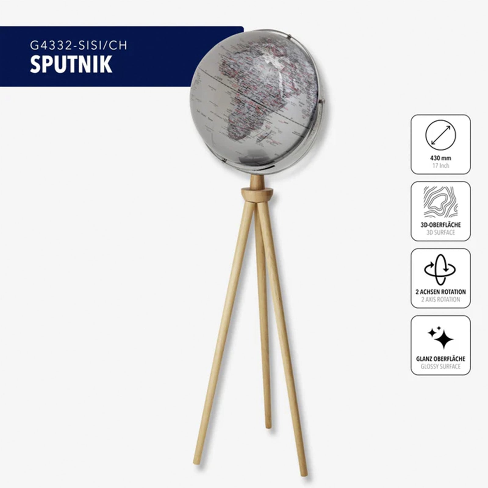 TROIKA Germany Floor Globe 43cm | Oak Wood 3-Leg Stand | Silver | Gift