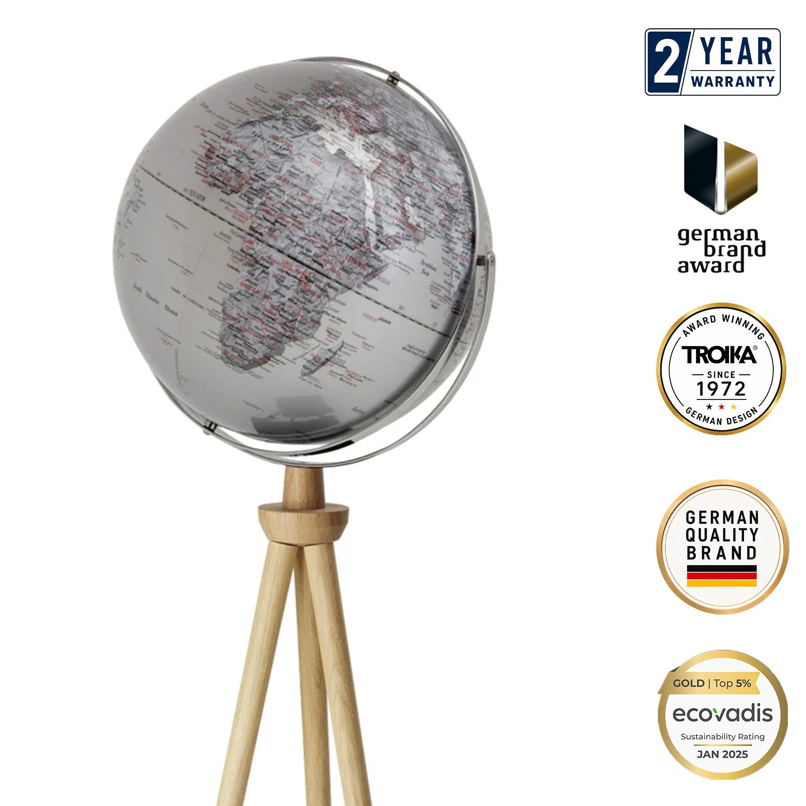 TROIKA Germany Floor Globe 43cm | Oak Wood 3-Leg Stand | Silver | Gift