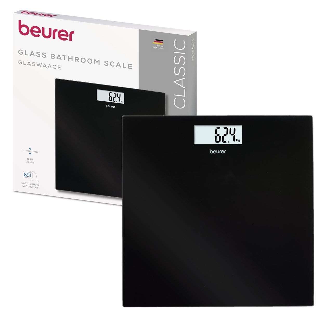 Beurer GS 10 Bathroom Scale: Compact, Space-Saving Design. Black Glass. 180kg Capacity