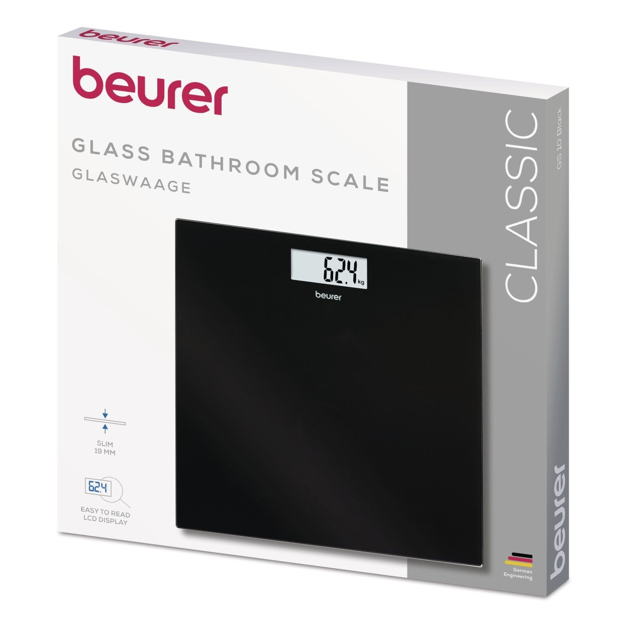 Beurer GS 10 Bathroom Scale: Compact, Space-Saving Design. Black Glass. 180kg Capacity