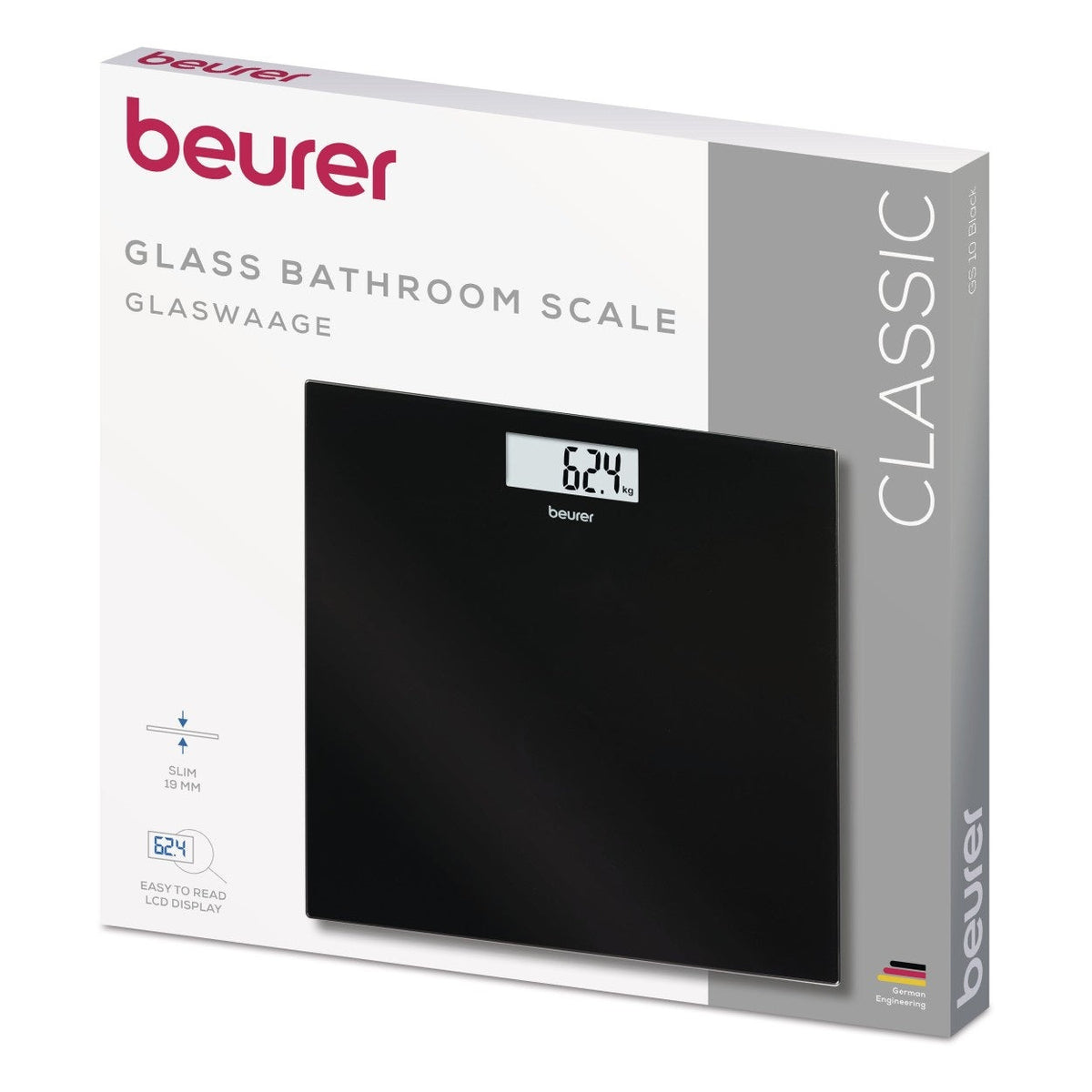 Beurer GS 10 Bathroom Scale: Compact, Space-Saving Design. Black Glass. 180kg Capacity