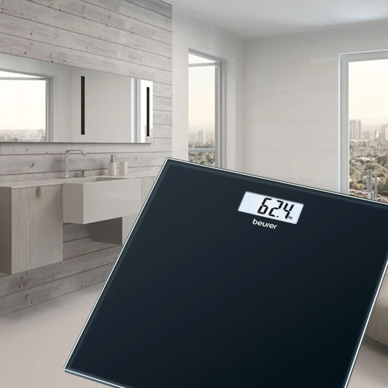 Beurer GS 10 Bathroom Scale: Compact, Space-Saving Design. Black Glass. 180kg Capacity