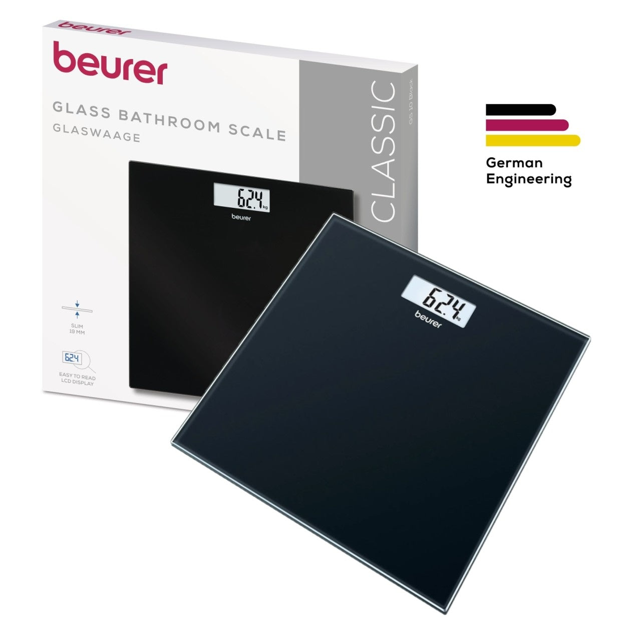 Beurer GS 10 Bathroom Scale: Compact, Space-Saving Design. Black Glass. 180kg Capacity