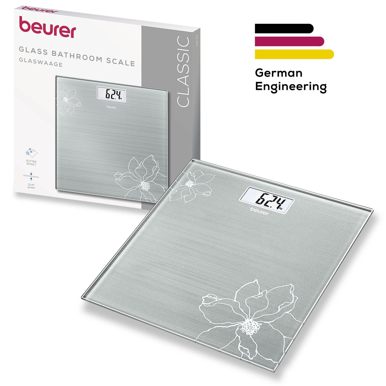 Beurer Germany GS 10 Bathroom Scale: Compact, Space-Saving. Silver-Grey Glass with Shimmer Flower Motif. 180kg Capacity