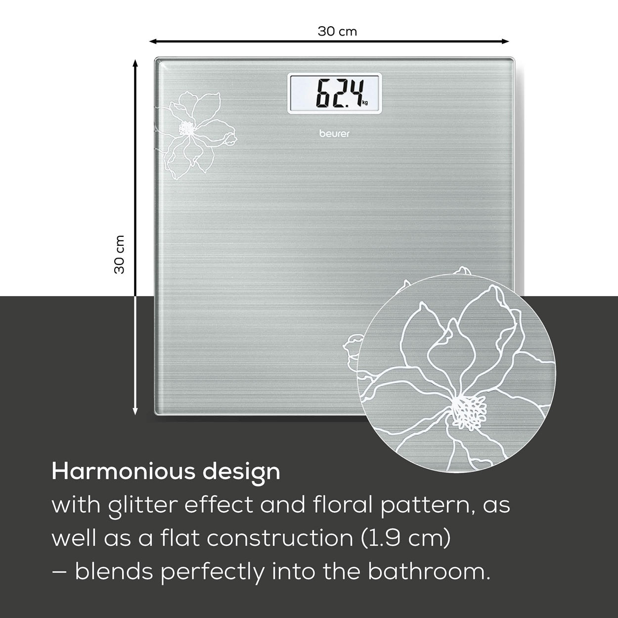 Beurer Germany GS 10 Bathroom Scale: Compact, Space-Saving. Silver-Grey Glass with Shimmer Flower Motif. 180kg Capacity