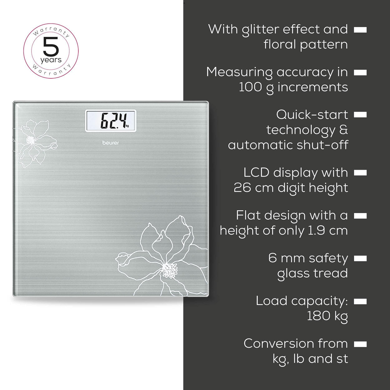 Beurer Germany GS 10 Bathroom Scale: Compact, Space-Saving. Silver-Grey Glass with Shimmer Flower Motif. 180kg Capacity