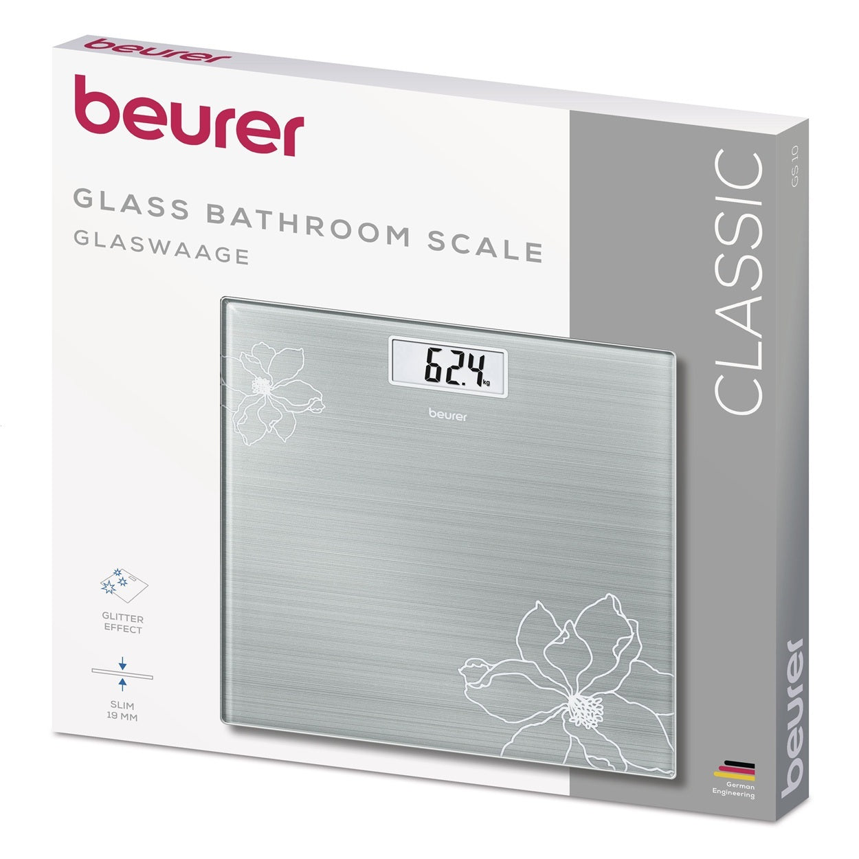 Beurer Germany GS 10 Bathroom Scale: Compact, Space-Saving. Silver-Grey Glass with Shimmer Flower Motif. 180kg Capacity