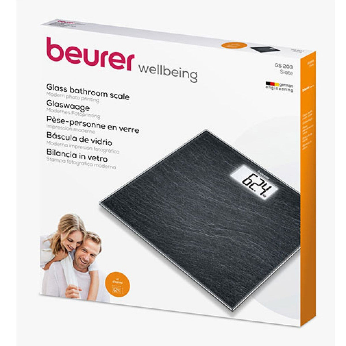 Beurer GS 203 Personal Bathroom Scale | Slate Print on Safety Glass | 150kg Weight Capacity